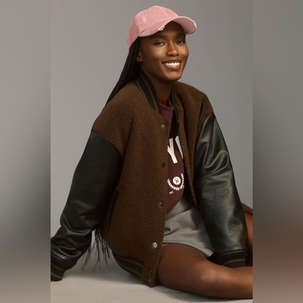 ANTHROPOLOGIE 
Sherpa Varsity Bomber Jacket Medium